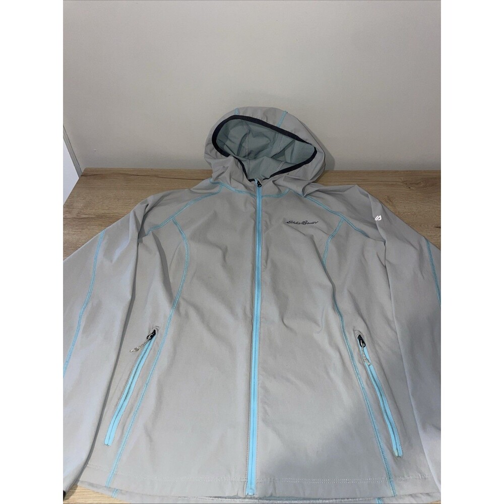Eddie Bauer Women's Lightweight Jacket Hooded Sport Stretch Light Gray Blue Sz L